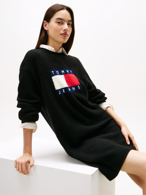 Negru Rochie Pulover Mini Cu Emblema Tommy Flag  Femei