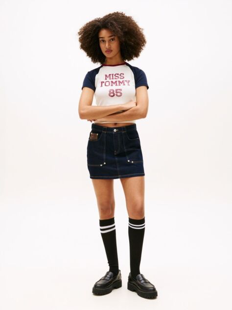 Denim Fusta Mini Dreapta Denim Cu Broderie Cu Steag  Femei