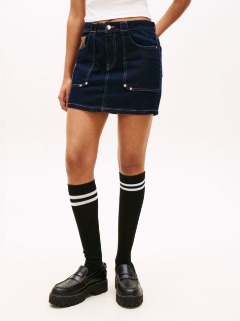 Denim Fusta Mini Dreapta Denim Cu Broderie Cu Steag  Femei