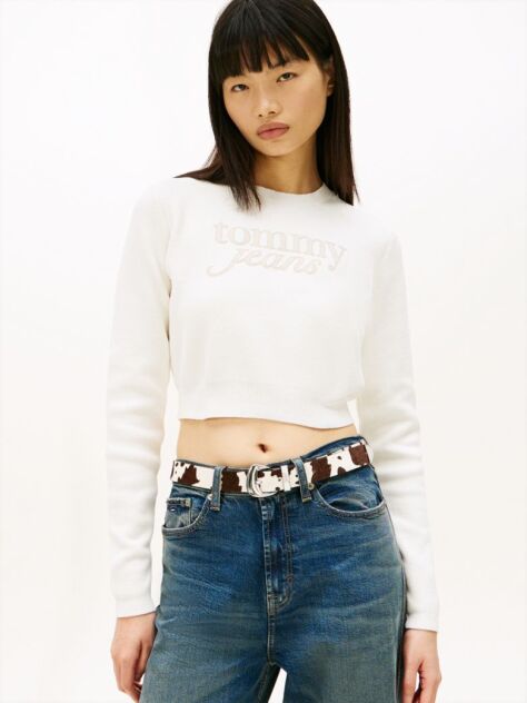 Alb Pulover Cropped Slim Cu Logo Brodat   Femei