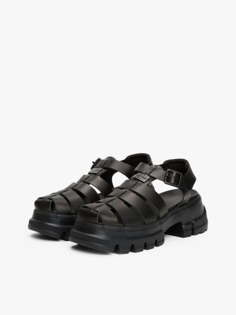 Black Leather Chunky Cleat Fisherman Sandals  Women