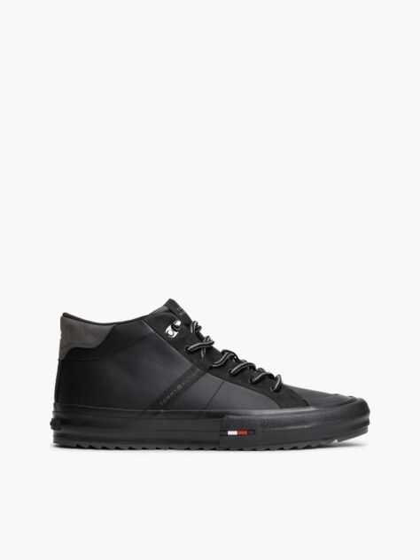 Black Leather Serrated Mid-Top Trainers  Men