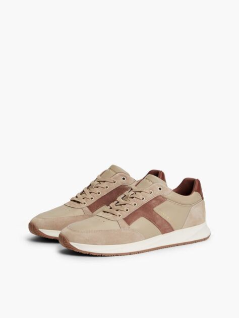 Beige Leather Mixed Texture Trainers  Men