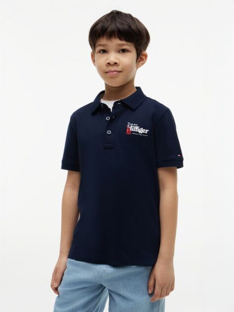 Blue Tricou Polo Cu Croiala Normala Si Broderie Grafica  Baieti
