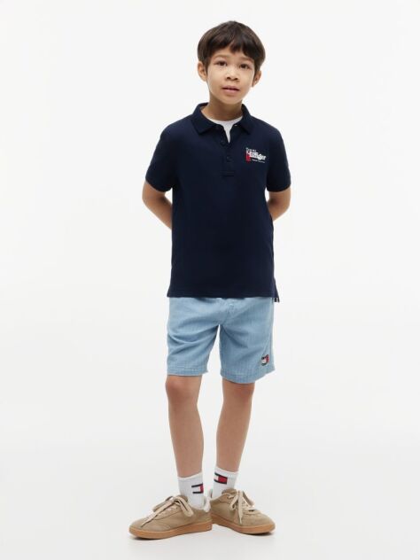 Blue Tricou Polo Cu Croiala Normala Si Broderie Grafica  Baieti