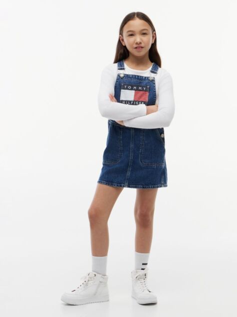 Denim Rochie Salopeta Din Denim Cu Buzunare Si Logo Heritage  Fete