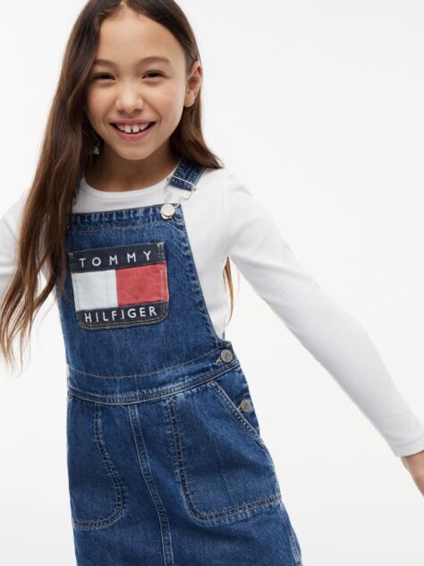 Denim Rochie Salopeta Din Denim Cu Buzunare Si Logo Heritage  Fete
