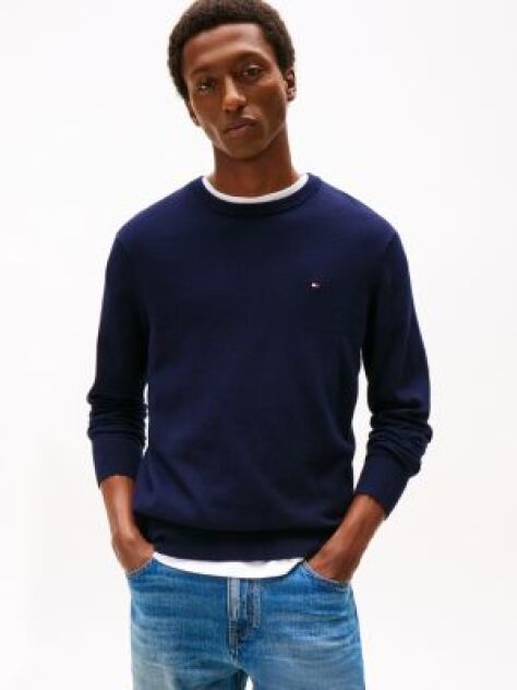 Blue Jumper Din Bumbac Si Casmir Crew Neck  Barbati