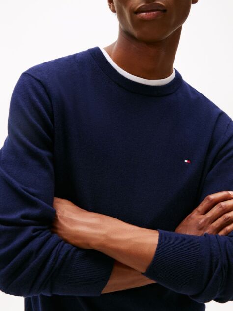 Blue Jumper Din Bumbac Si Casmir Crew Neck  Barbati