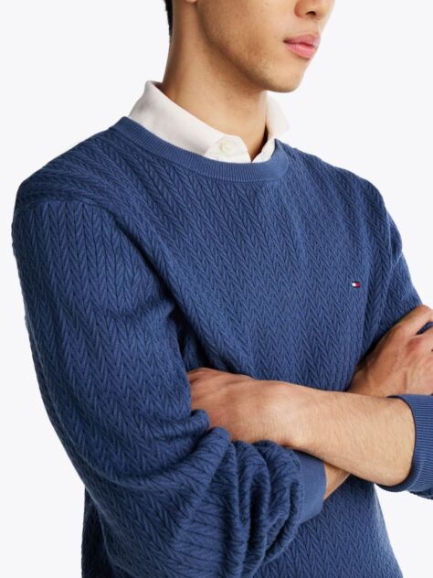 Blue Jumper Cu Guler Rotund Din Tricot Heringbone  Barbati