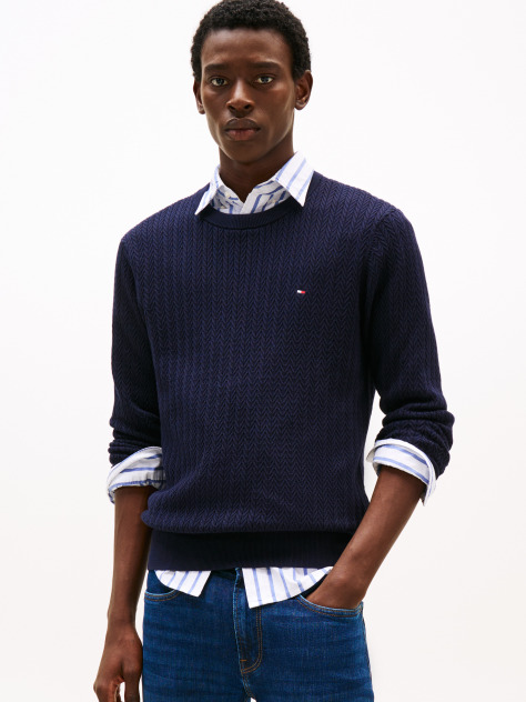 Blue Jumper Cu Guler Rotund Din Tricot Heringbone  Barbati