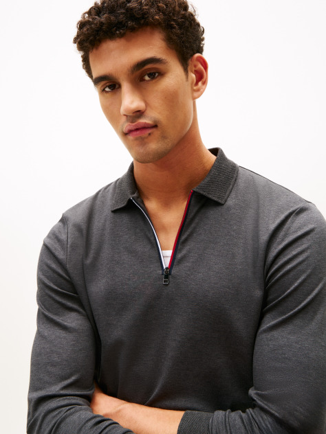 Grey Interlock Zip Long Sleeve Polo Shirt  Men