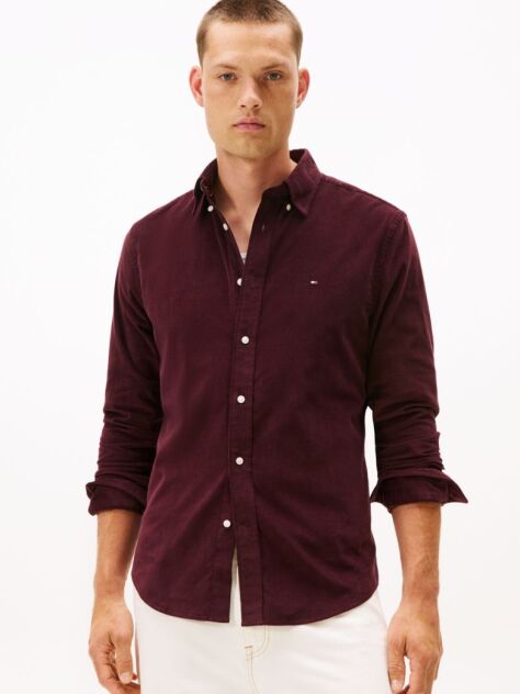 Red Regular Fit Flag Embroidery Corduroy Shirt  Men