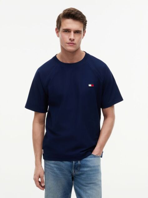 Blue Tricou Din Jersey Lejer Cu Maneci Raglan Si Imprimeu Cu Steag  Barbati