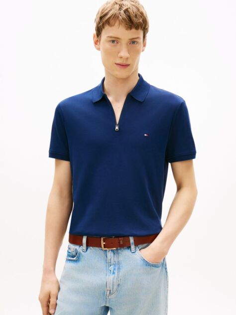 Blue Tricou Polo Cu Fermoar Croiala Regular Si Tricot Interlock  Barbati