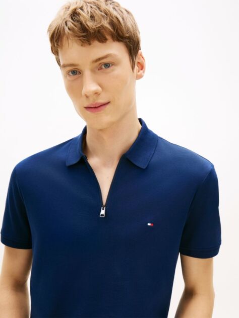 Blue Tricou Polo Cu Fermoar Croiala Regular Si Tricot Interlock  Barbati