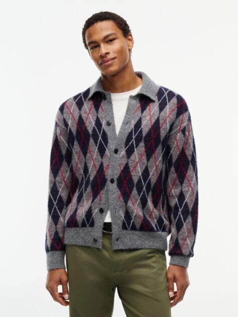 Grey Argyle Relaxed Cardigan With Alpaca  Men