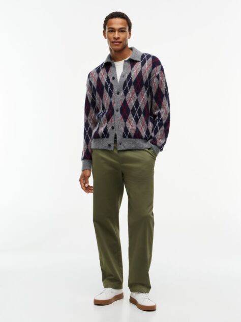 Grey Argyle Relaxed Cardigan With Alpaca  Men