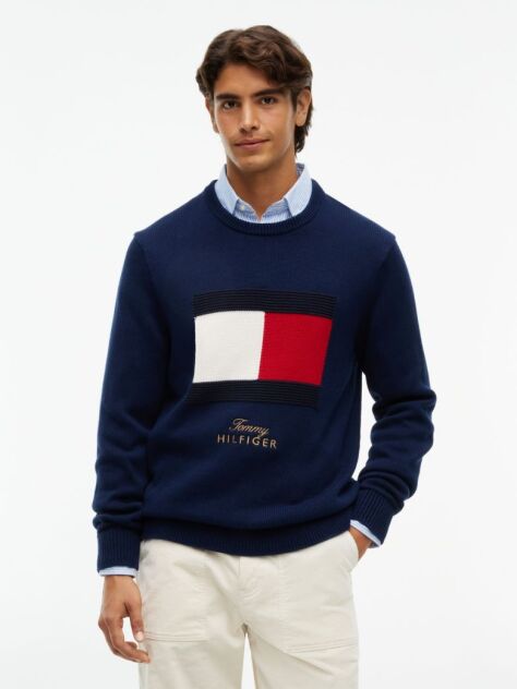 Blue Pulover Intarsia Cu Steag Si Guler Rotund  Barbati