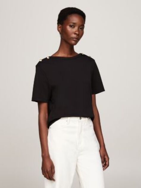 Negru Tricou Neck Relaxed Cu Dungi  Femei