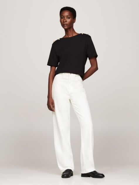 Negru Tricou Neck Relaxed Cu Dungi  Femei