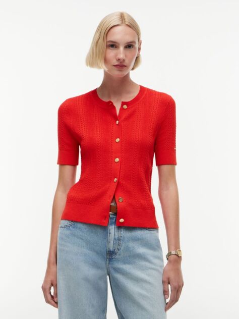 Rosu Cardigan Cu Maneci Scurte Si Nasturi Aurii Cu Model Pointelle  Femei