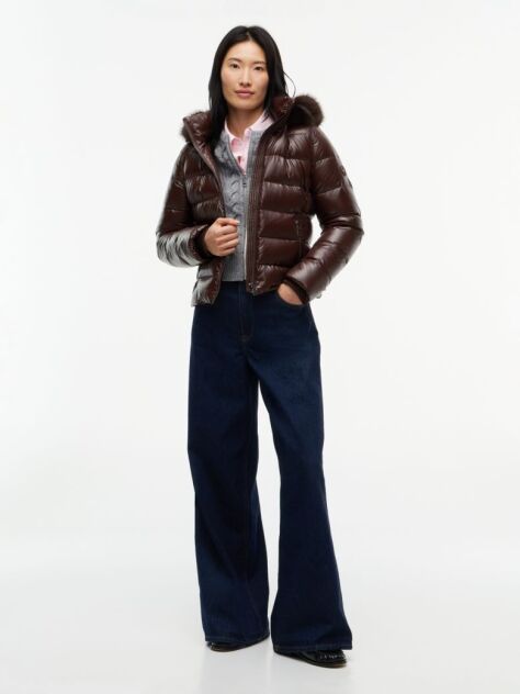 Brown Shiny Down Faux Fur Hooded Fitted Jacket  Women