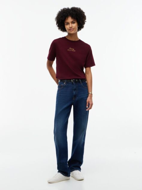 Red Logo Embroidery Crew Neck T-Shirt  Women