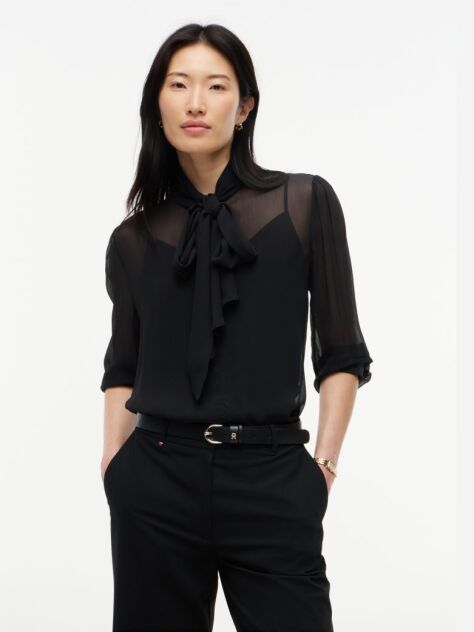 Negru Bluza Georgette Cu Funda Si Croiala Regular  Femei