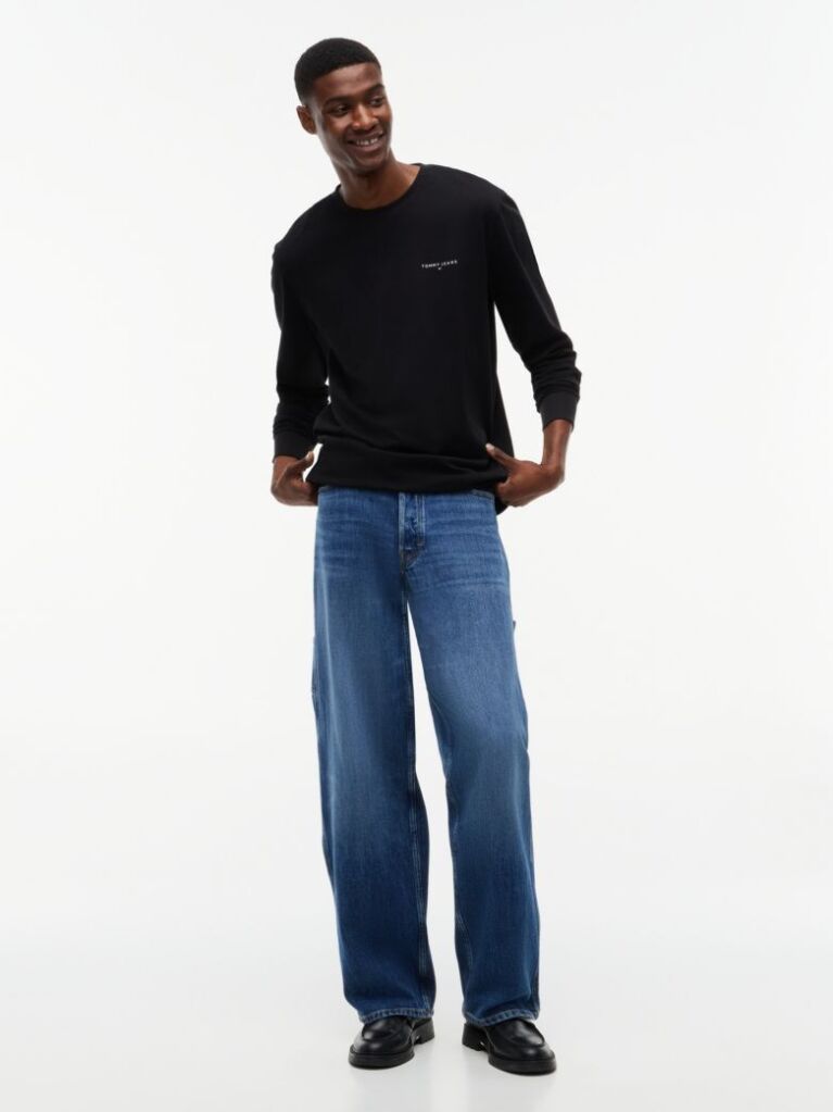 Negru Tricou Slim Cu Maneca Lunga Si Logo Liniar  Barbati