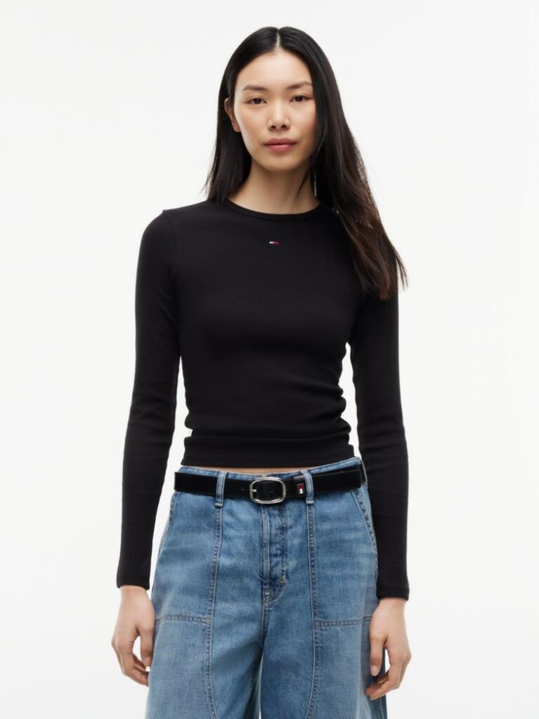 Negru Tricou Slim Cu Maneca Lunga Si Guler Riplat  Femei