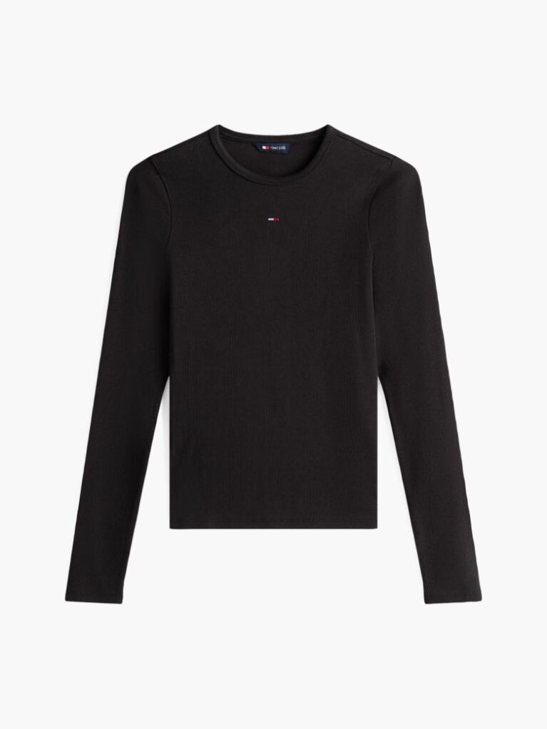 Negru Tricou Slim Cu Maneca Lunga Si Guler Riplat  Femei