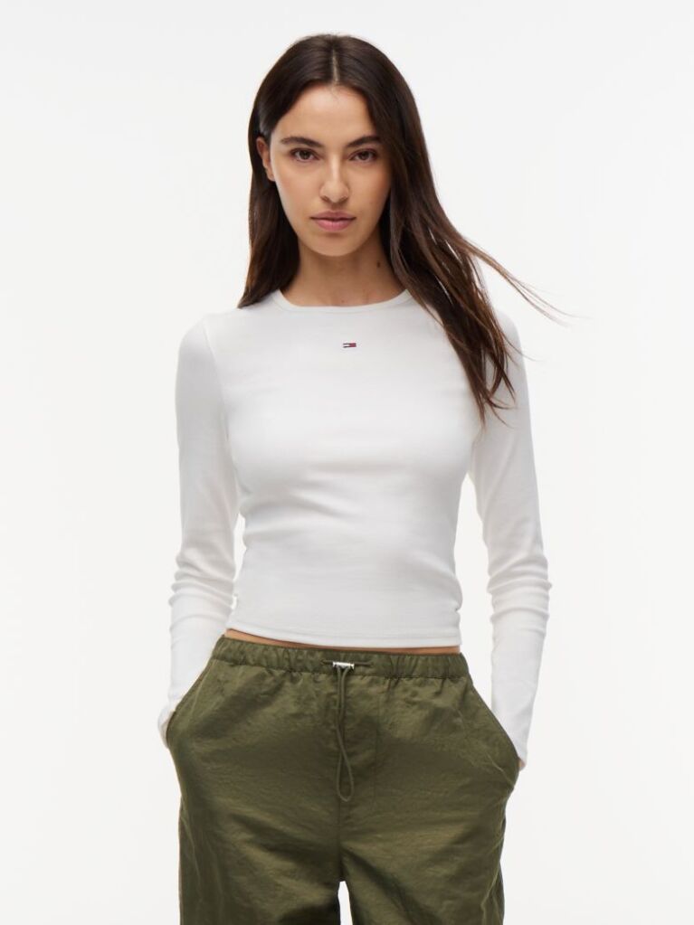Bej Tricou Slim Cu Maneca Lunga Si Guler Riplat  Femei
