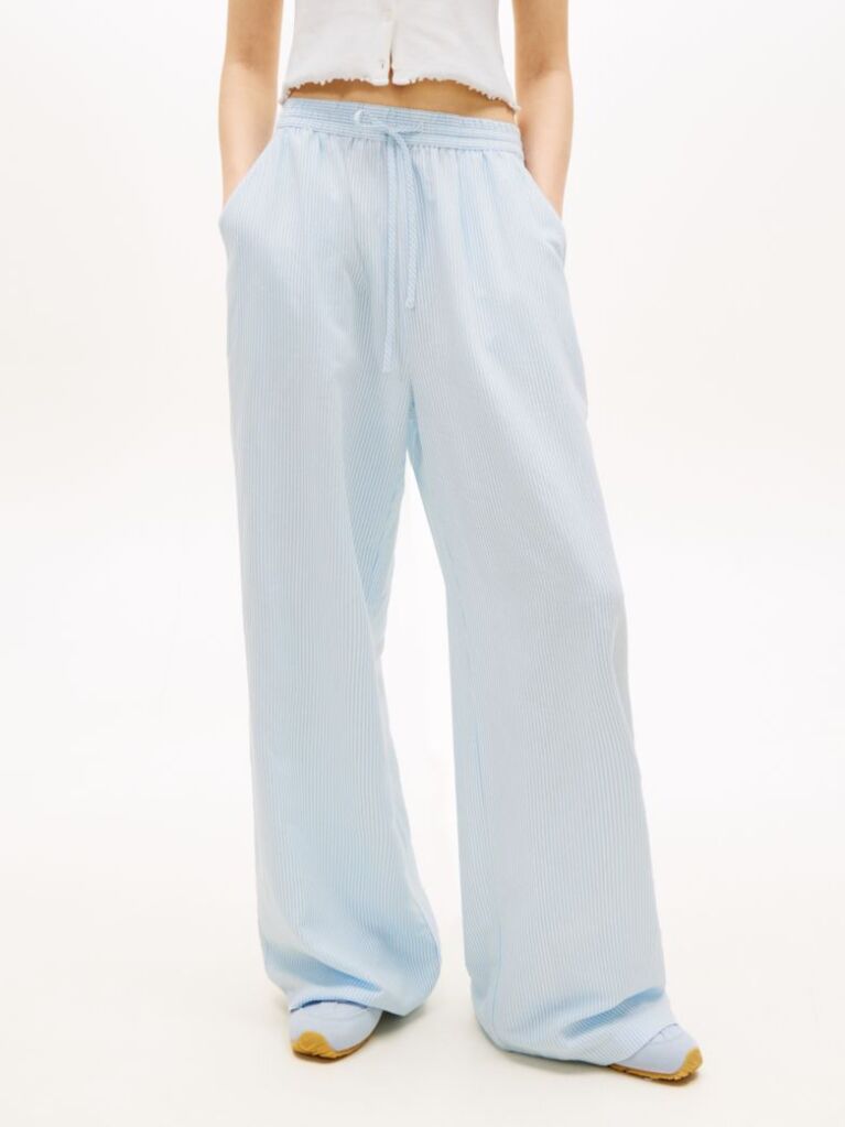 Blue Pantaloni Largi Din Amestec De In Cu Sireturi  Femei