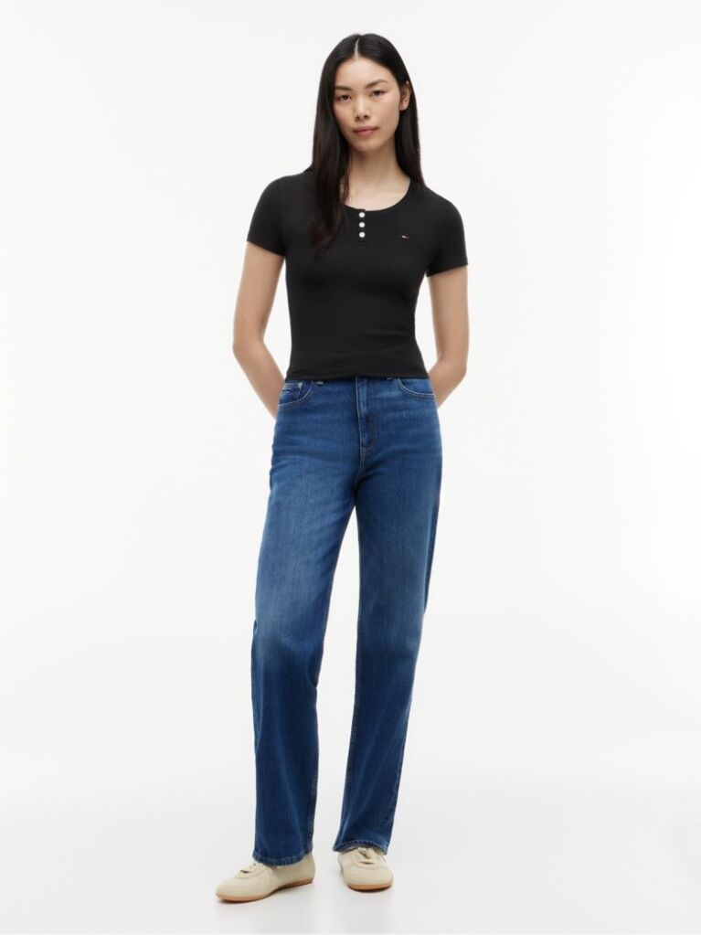 Negru Tricou Henley Slim Fit  Femei