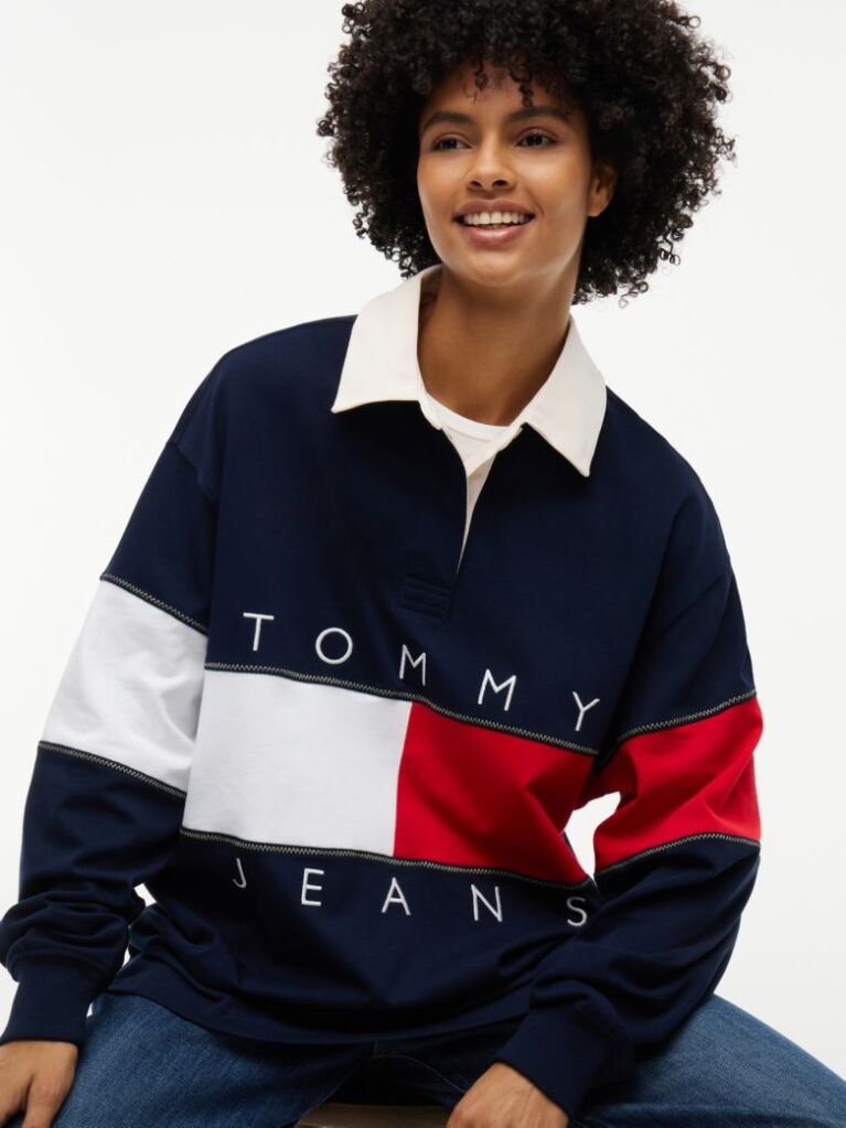 Blue Tommy Flag Jersey Oversized Rugby Shirt  Women