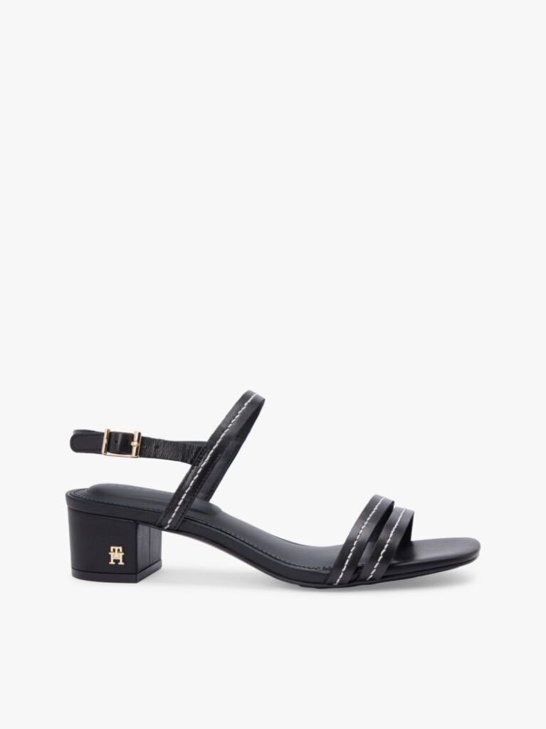 Negru Sandale Cu Toc Gros Si Cusaturi Contrastante Din Piele  Femei