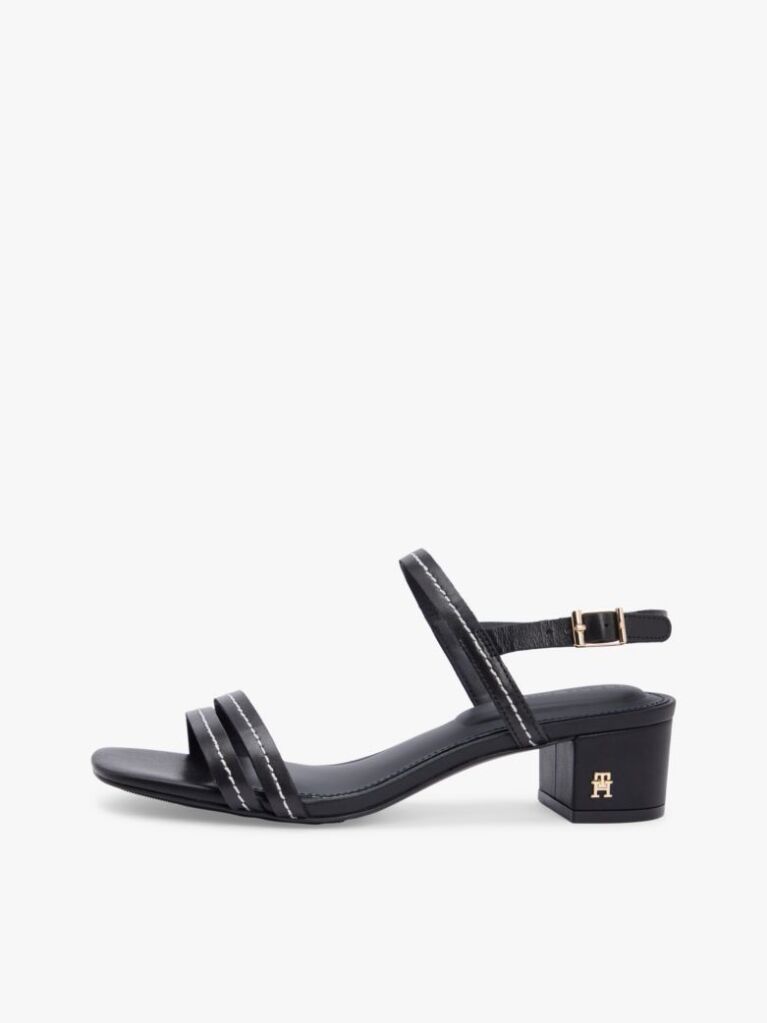 Negru Sandale Cu Toc Gros Si Cusaturi Contrastante Din Piele  Femei