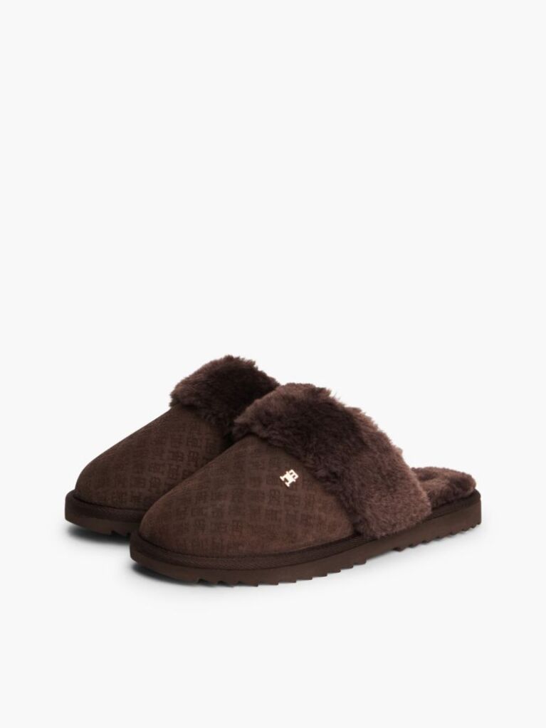 Brown Leather Faux Fur Serrated Slippers  Women