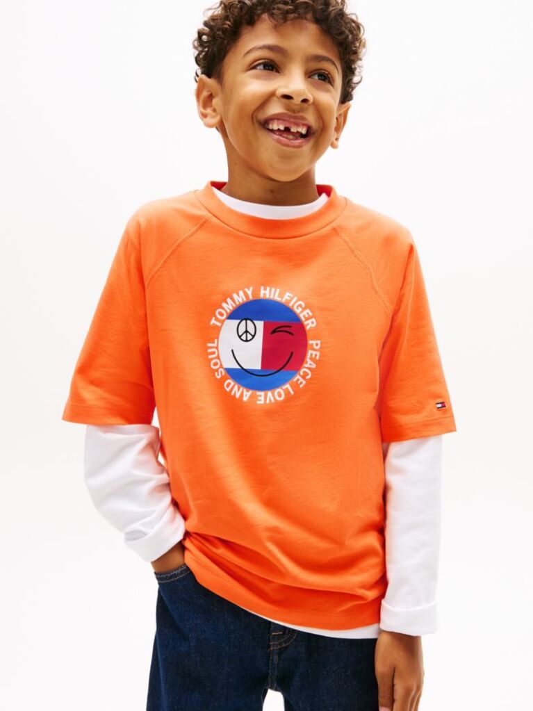 Portocaliu Tricou Cu Logo Smiley Si Steag  Baieti