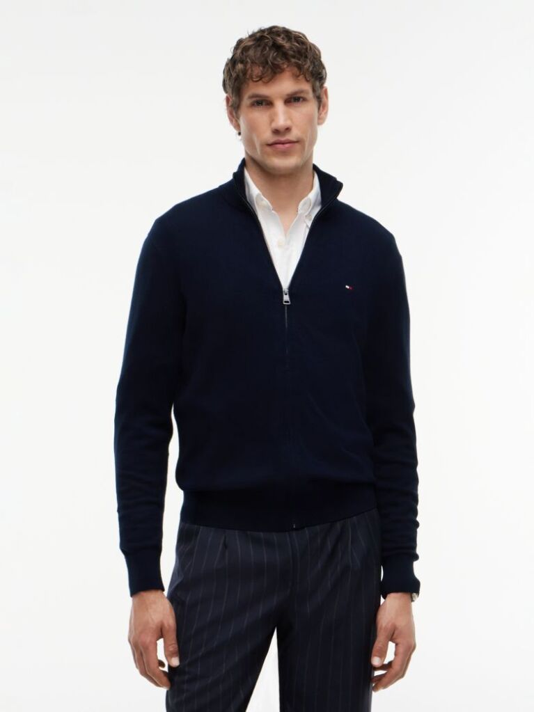 Blue Cardigan Din Bumbac Si Casmir Zip-Thru  Barbati