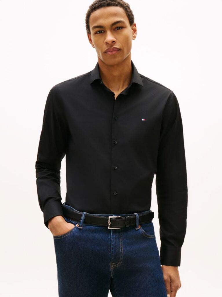 Negru Camasa Flex Slim Fit Din Poplin   Barbati