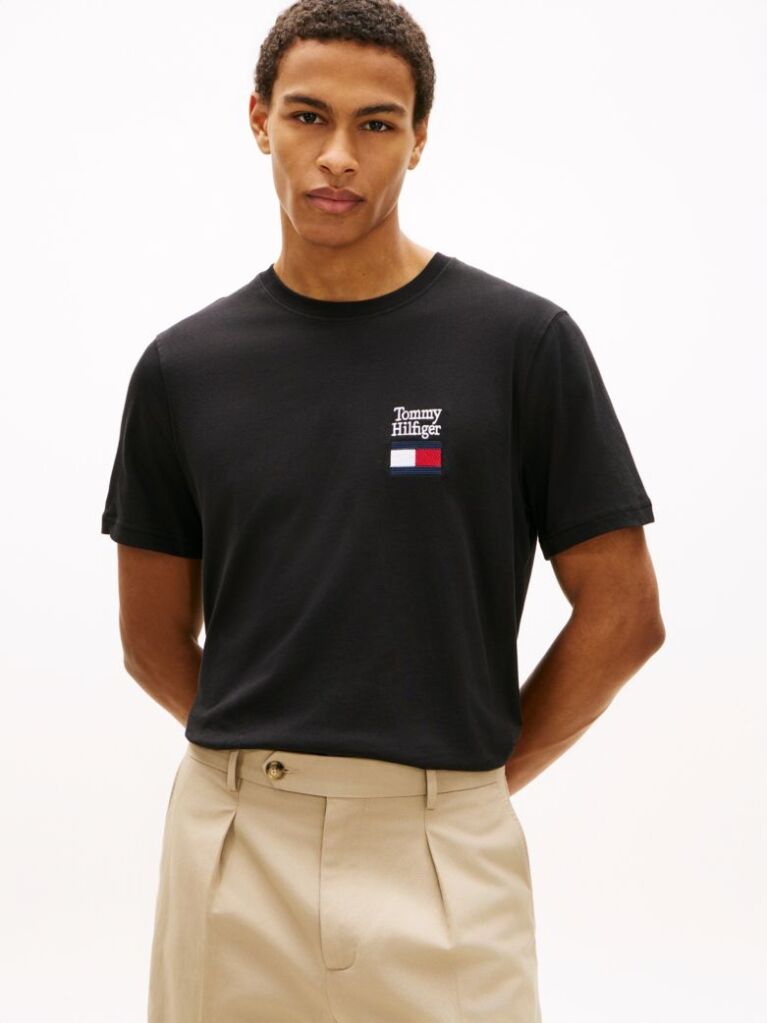 Negru Tricou Cu Guler Rotund Si Logo Brodat  Barbati