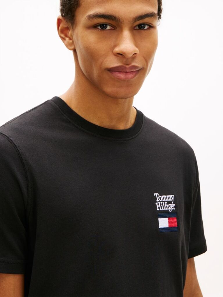 Negru Tricou Cu Guler Rotund Si Logo Brodat  Barbati