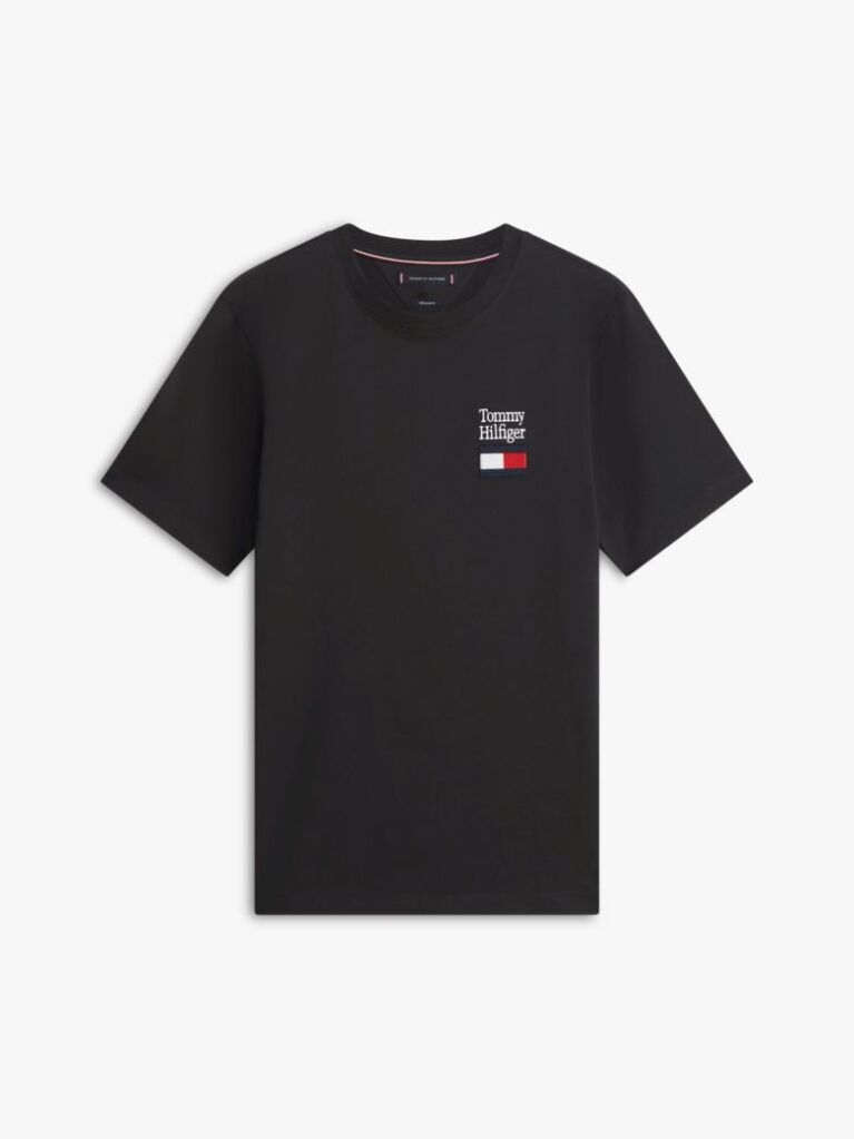 Negru Tricou Cu Guler Rotund Si Logo Brodat  Barbati