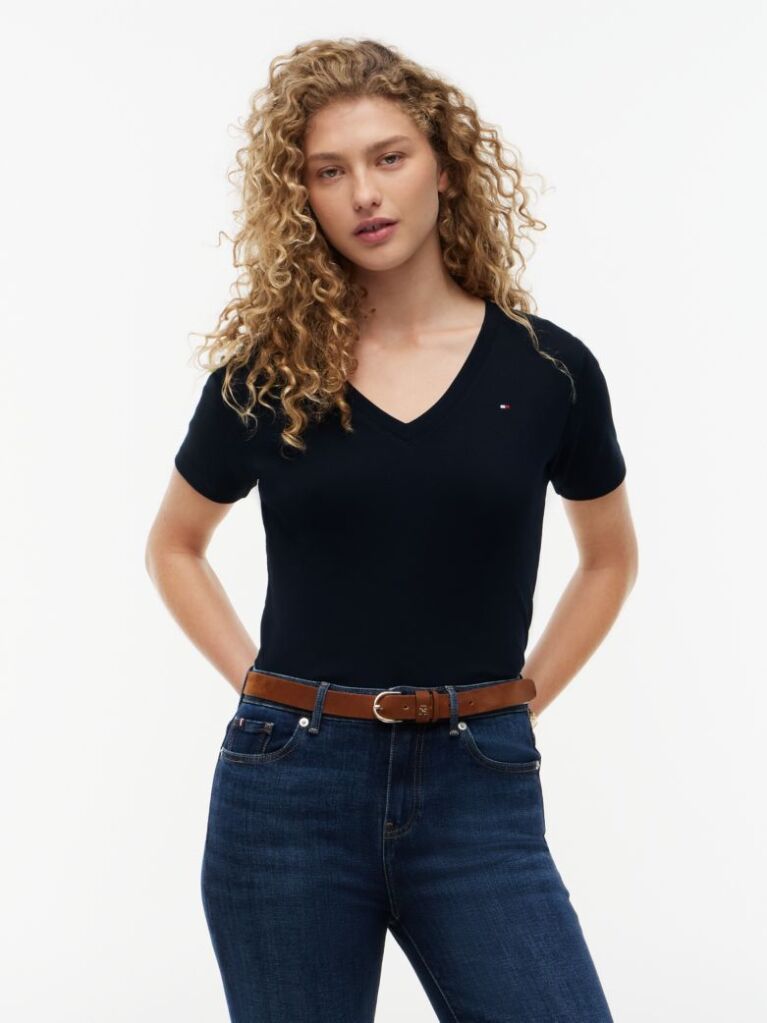 Blue Tricou Slim Fit Tricotat Cu Guler In V  Femei