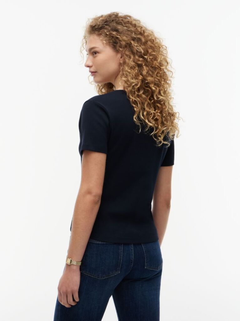 Blue Tricou Slim Fit Tricotat Cu Guler In V  Femei
