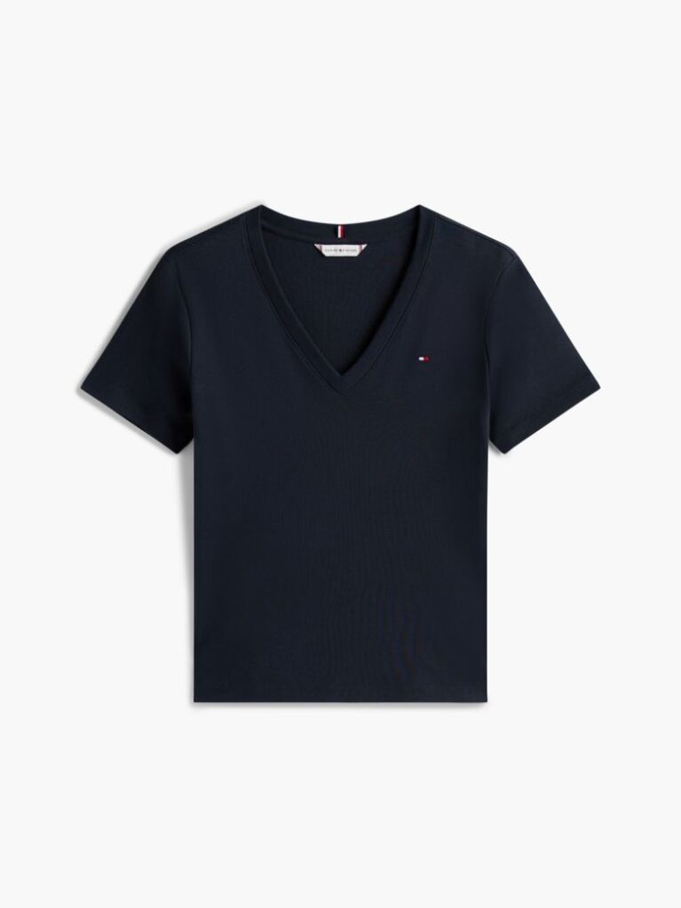 Blue Tricou Slim Fit Tricotat Cu Guler In V  Femei