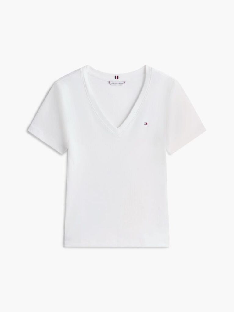 Beige Ribbed V-Neck Slim Fit T-Shirt  Women