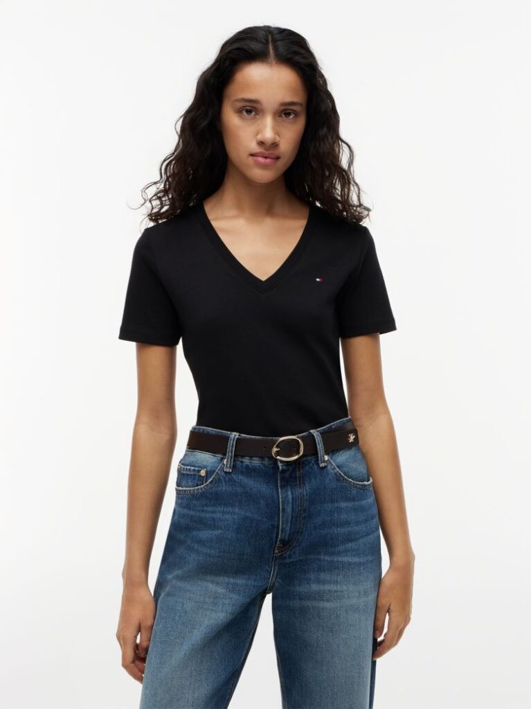 Negru Tricou Slim Fit Tricotat Cu Guler In V  Femei